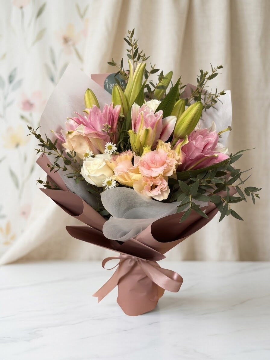 A hand-tied bouquet of pink lilies, cream roses and peach lisianthus wrapped in dusty-rose paper, standing on a marble surface.