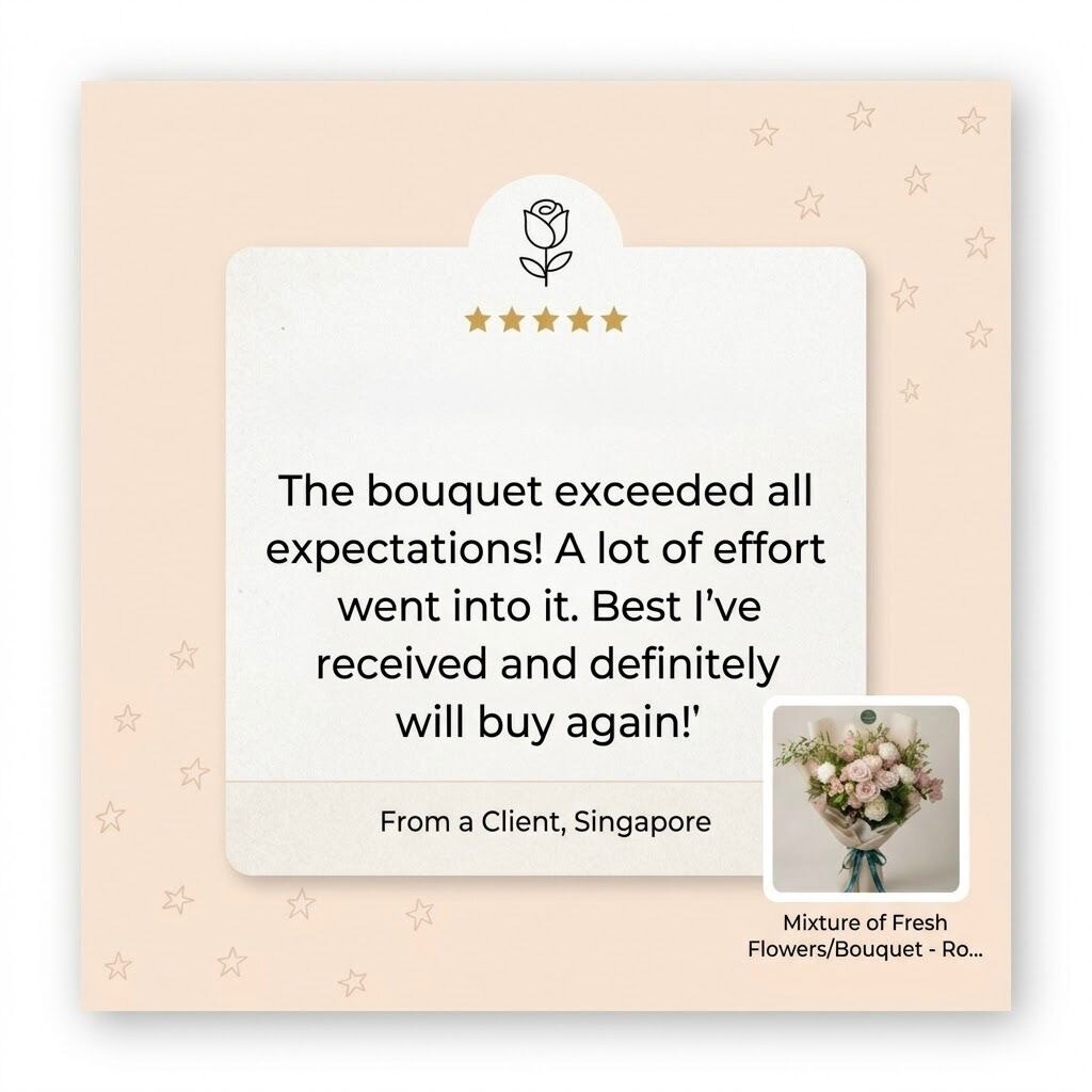 Five-star customer review: “The bouquet exceeded all expectations! A lot of effort went into it. Best I’ve received and definitely will buy again!” — from a client in Singapore