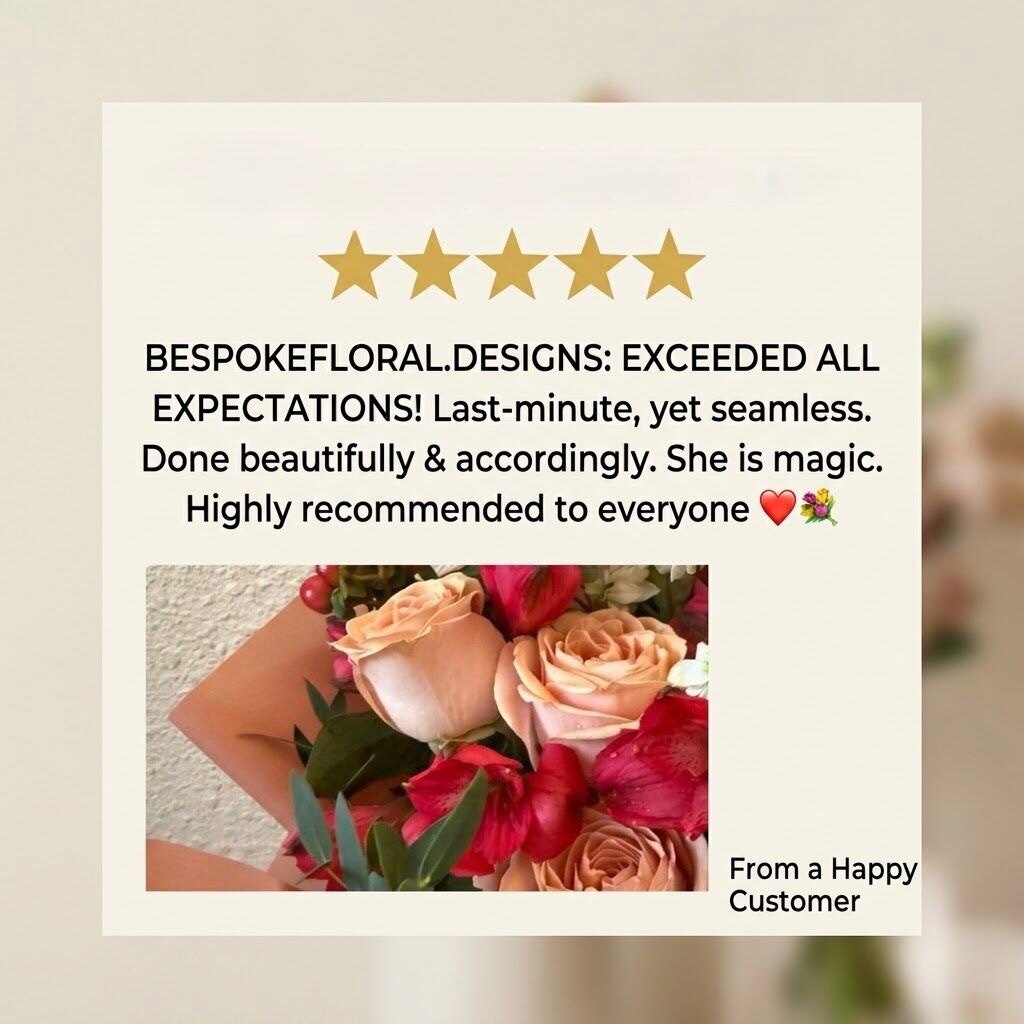 Five-star customer review: “EXCEEDED ALL EXPECTATIONS! Last-minute, yet seamless. Done beautifully & accordingly. She is magic. Highly recommended to everyone” — from a happy customer